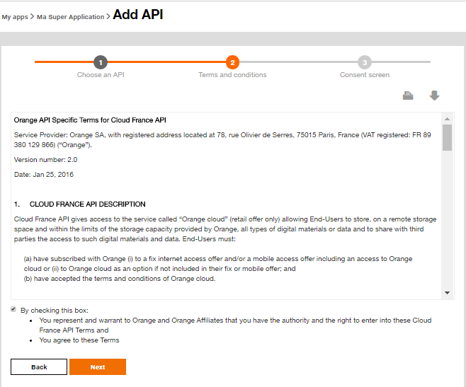 Accepter les termes d'utilisation de l'API Cloud Orange