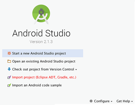 Menu au démarrage de Android Studio