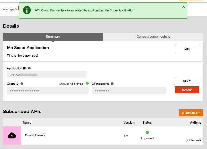 Confirmation de l'ajout de l'API Cloud Orange à l'application
